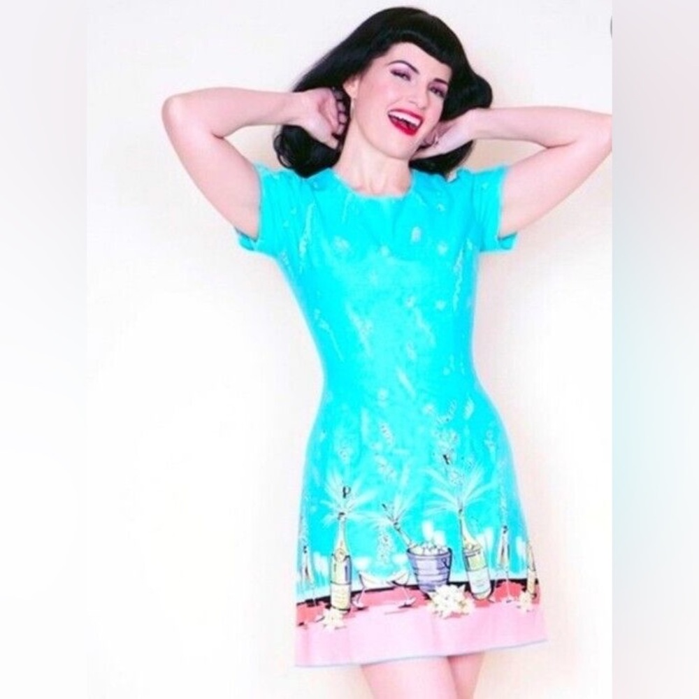 Bernie Dexter Sharon Celebration Turquoise Dress Women's Size L New Years Retro